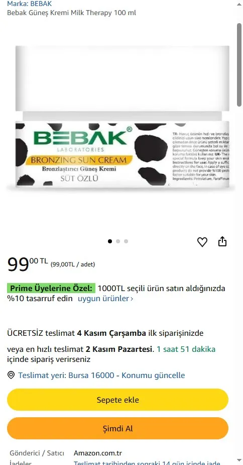 Bebak Güneş Kremi Milk Therapy 100 ml