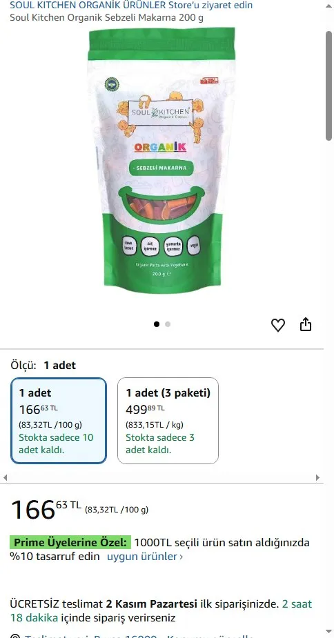 Soul Kitchen Organik Sebzeli Makarna 200 g