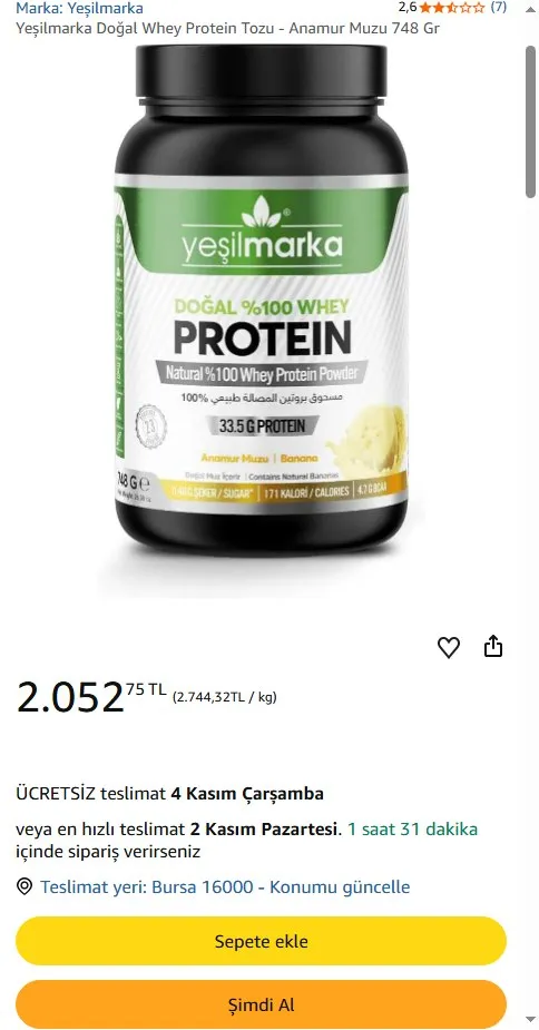 Yeşilmarka Doğal Whey Protein Tozu - Anamur Muzu 748 Gr
