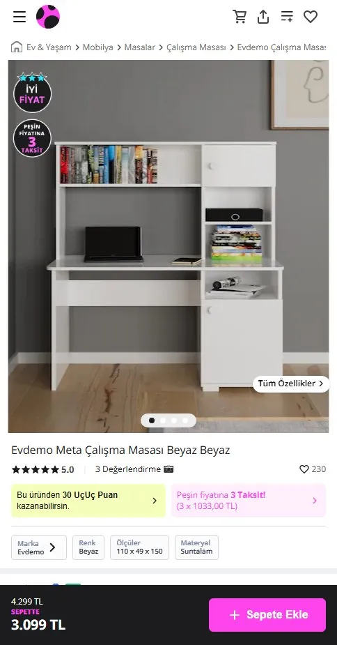Evdemo Meta Çalışma Masası Beyaz Beyaz