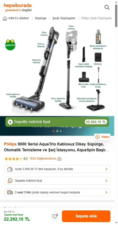 Philips 9000 Serisi AquaTrio Kablosuz Dikey Süpürge, Otomatik Temizleme ve Şarj İstasyonu​, AquaSpin Başlık, PowerCyclone Aqua, XW9463/11