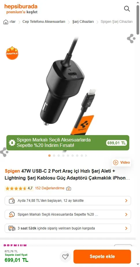 Spigen 47W USB-C 2 Port Araç içi Hızlı Şarj Aleti + Lightning Şarj Kablosu Güç Adaptörü Çakmaklık iPhone & iPad Type-C - ACP04205