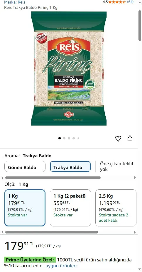 Reis Trakya Baldo Pirinç 1 Kg