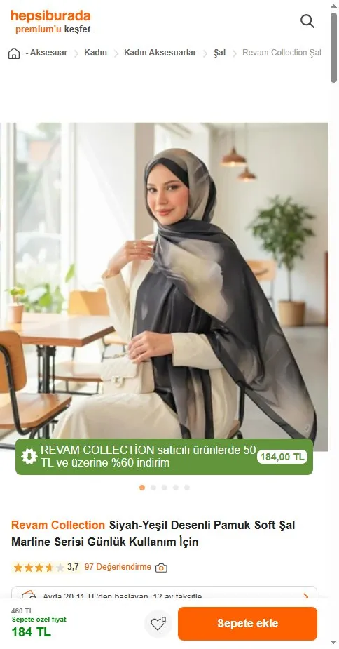 Revam Collection Siyah-Yeşil Desenli Pamuk Soft Şal Marline Serisi Günlük Kullanım İçin