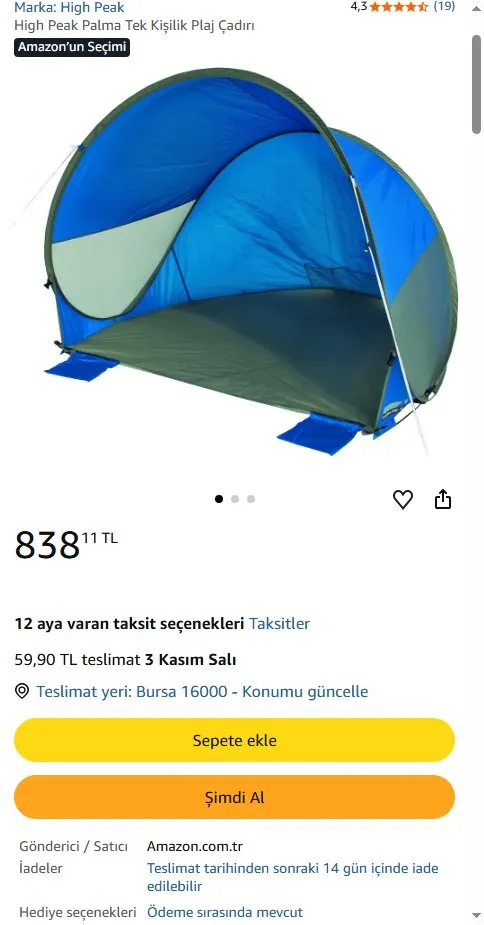 High Peak Palma Tek Kişilik Plaj Çadırı