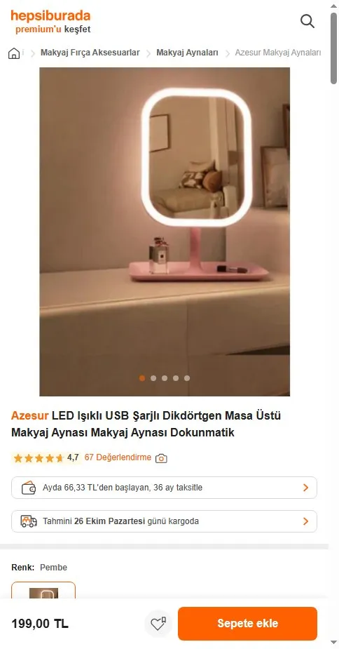 Azesur LED Işıklı USB Şarjlı Dikdörtgen Masa Üstü Makyaj Aynası Makyaj Aynası Dokunmatik