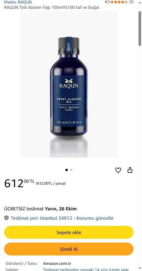 RAQUN Tatlı Badem Yağı 100ml%100 Saf ve Doğal