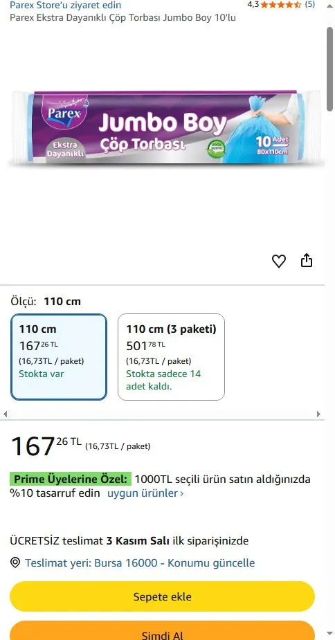 Parex Ekstra Dayanıklı Çöp Torbası Jumbo Boy 10'lu
