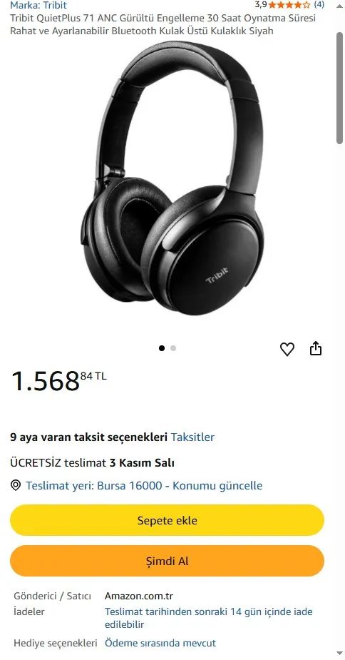 Tribit QuietPlus 71 ANC Gürültü Engelleme 30 Saat Oynatma Süresi Rahat ve Ayarlanabilir Bluetooth Kulak Üstü Kulaklık Siyah