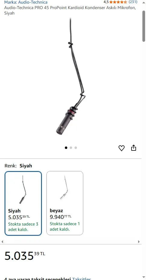 Audio-Technica PRO 45 ProPoint Kardioid Kondenser Askılı Mikrofon, Siyah