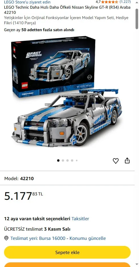 LEGO Technic Daha Hızlı Daha Öfkeli Nissan Skyline GT-R (R34) Araba 42210
