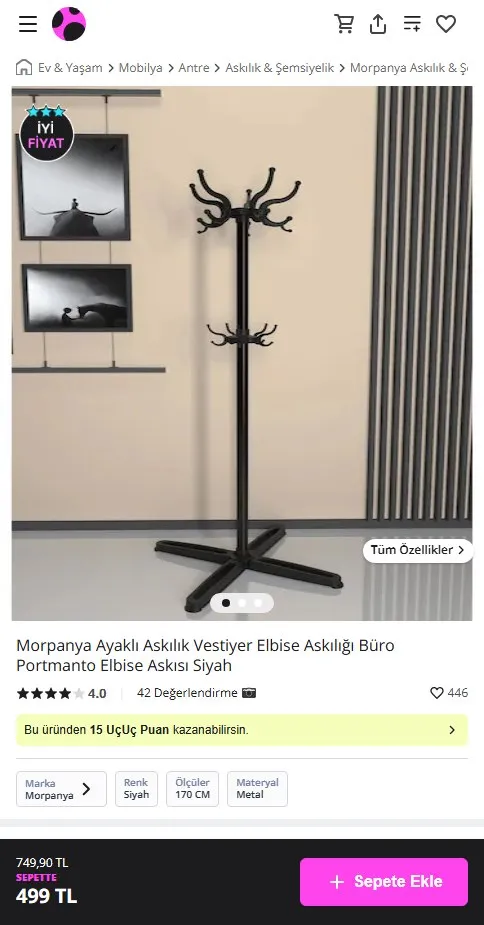 Morpanya Ayaklı Askılık Vestiyer Elbise Askılığı Büro Portmanto Elbise Askısı Siyah