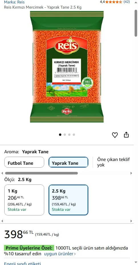 Reis Kırmızı Mercimek - Yaprak Tane 2.5 Kg