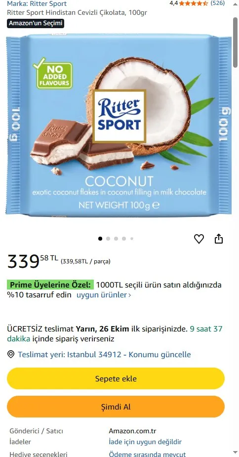 Ritter Sport Hindistan Cevizli Çikolata, 100gr