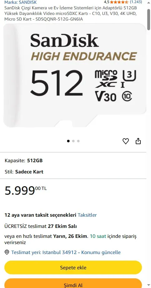SanDisk Çizgi Kamera ve Ev İzleme Sistemleri için Adaptörlü 512GB Yüksek Dayanıklılık Video microSDXC Kartı - C10, U3, V30, 4K UHD, Micro SD Kart - SDSQQNR-512G-GN6IA