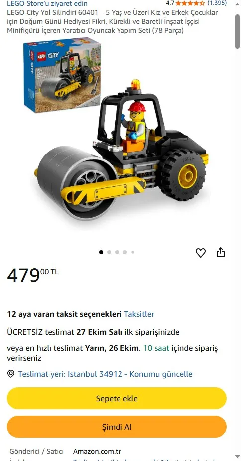 LEGO City Yol Silindiri 60401 – 5 Yaş ve Üzeri Kız ve Erkek Çocuklar için Doğum Günü Hediyesi Fikri, Kürekli ve Baretli İnşaat İşçisi Minifigürü İçeren Yaratıcı Oyuncak Yapım Seti (78 Parça)