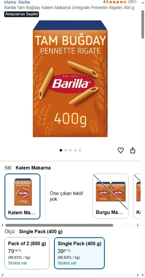 Barilla Tam Buğday Kalem Makarna (Integrale Pennette Rigate) 400 g.