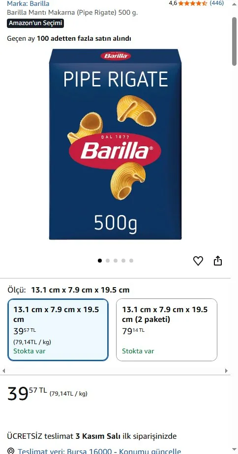 Barilla Mantı Makarna (Pipe Rigate) 500 g.
