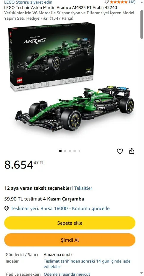 LEGO Technic Aston Martin Aramco AMR25 F1 Araba 42240