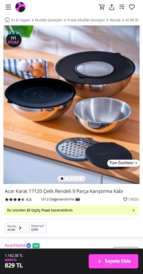 Acar Karat 17120 Çelik Rendeli 9 Parça Karıştırma Kabı