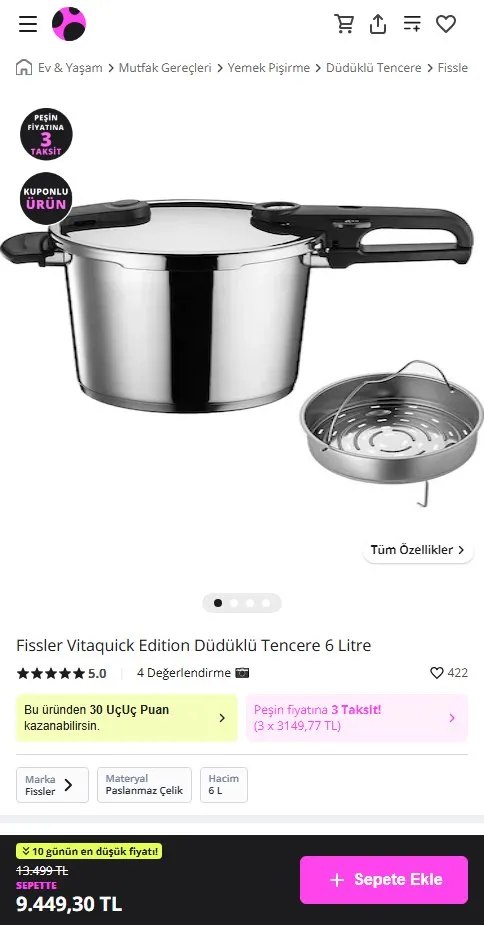 Fissler Vitaquick Edition Düdüklü Tencere 6 Litre
