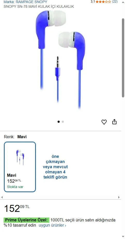 SNOPY SN-78 MAVİ KULAK İÇİ KULAKLIK