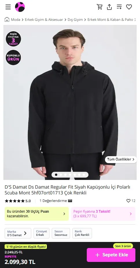 D'S Damat Ds Damat Regular Fit Siyah Kapüşonlu İçi Polarlı Scuba Mont 5hf07ort01713 Çok Renkli