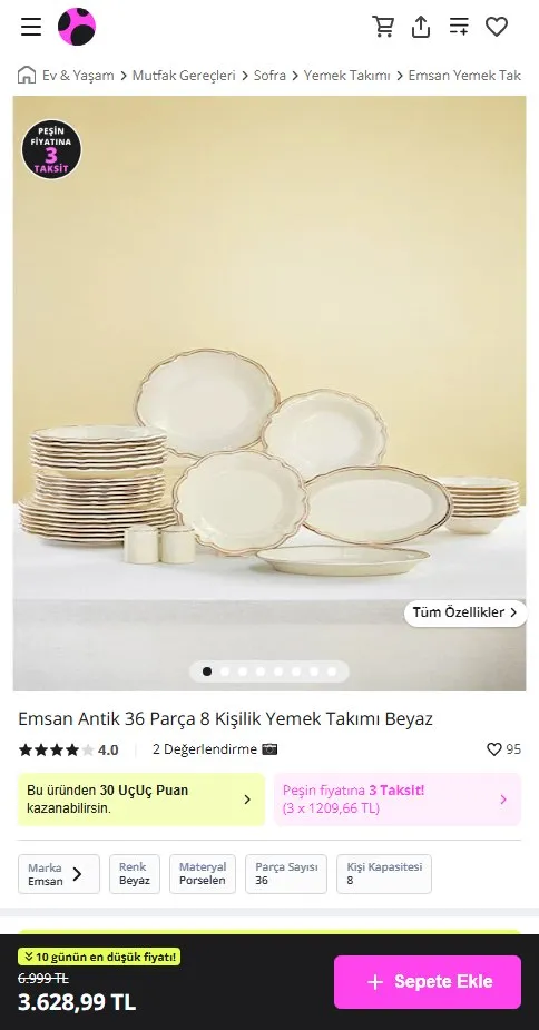 Emsan Antik 36 Parça 8 Kişilik Yemek Takımı Beyaz