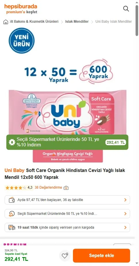 Uni Baby Soft Care Organik Hindistan Cevizi Yağlı Islak Mendil 12x50 600 Yaprak