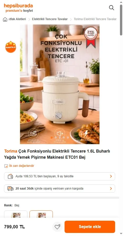 Torima Çok Fonksiyonlu Elektrikli Tencere 1.6L Buharlı Yağda Yemek Pişirme Makinesi ETC01 Bej