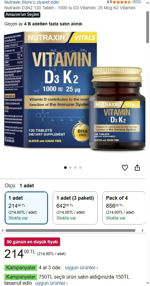 Nutraxin D3K2 120 Tablet - 1000 Iu D3 Vitamini, 25 Mcg K2 Vitamini