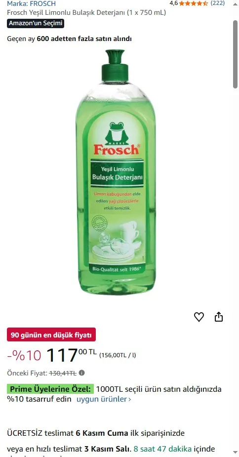 Frosch Yeşil Limonlu Bulaşık Deterjanı (1 x 750 mL)