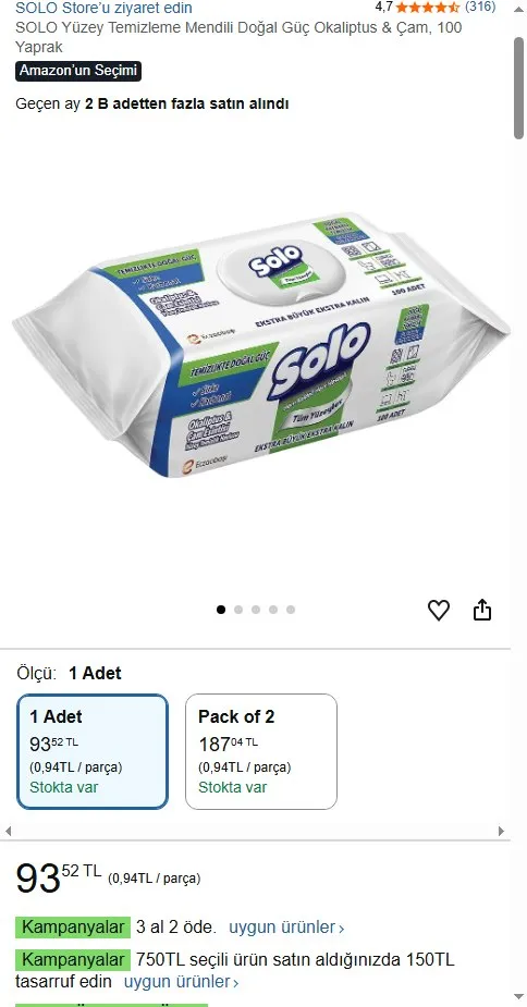 SOLO Yüzey Temizleme Mendili Doğal Güç Okaliptus & Çam, 100 Yaprak