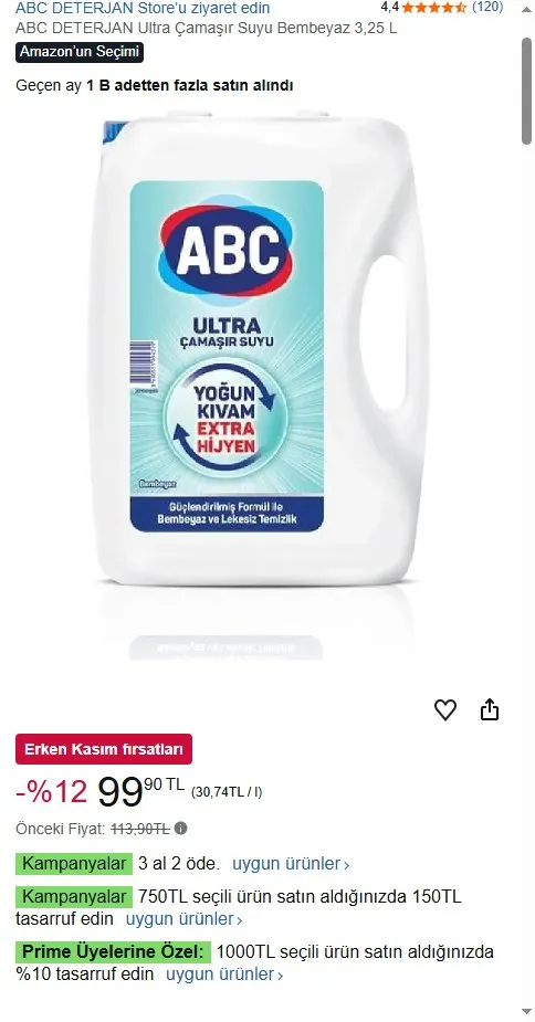 ABC DETERJAN Ultra Çamaşır Suyu Bembeyaz 3,25 L