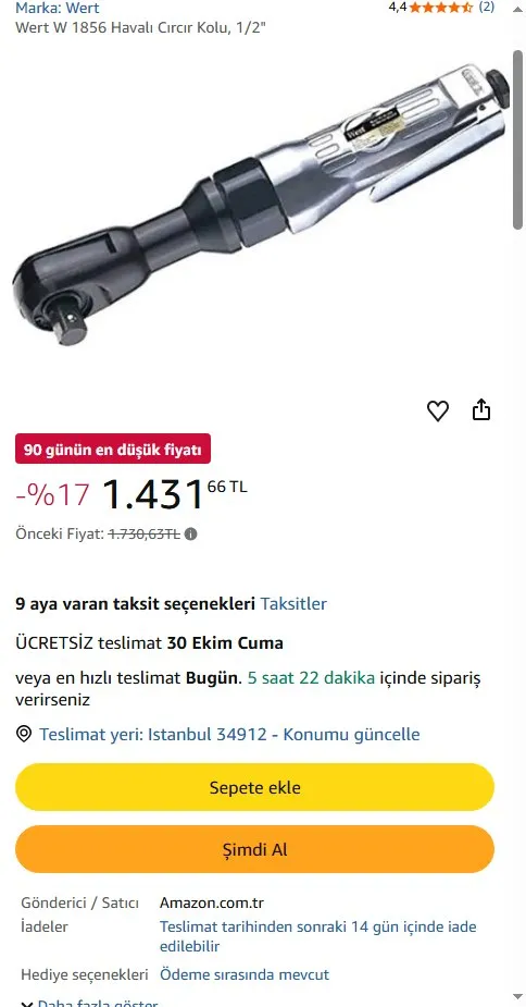 Wert W 1856 Havalı Cırcır Kolu, 1/2"