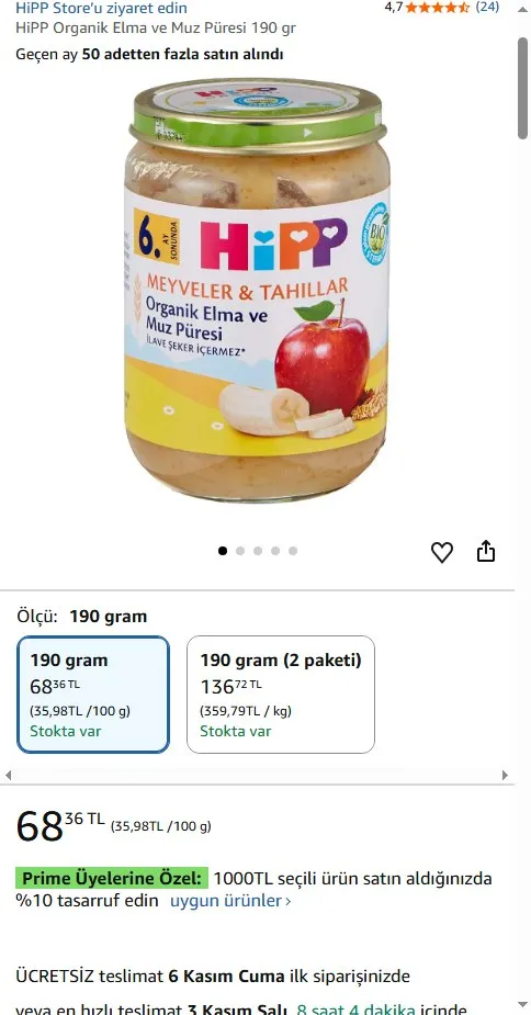 HiPP Organik Elma ve Muz Püresi 190 gr