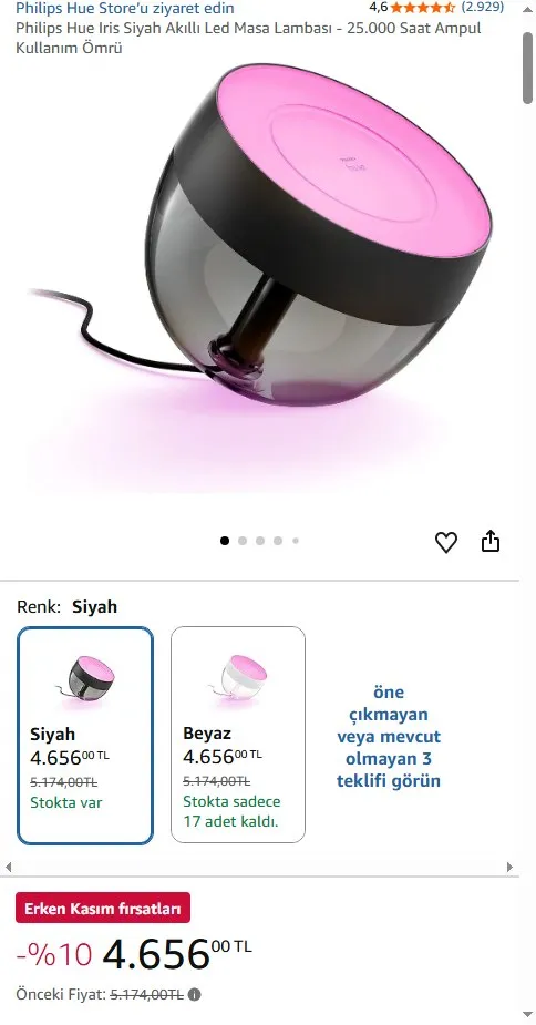 Philips Hue Iris Siyah Akıllı Led Masa Lambası - 25.000 Saat Ampul Kullanım Ömrü