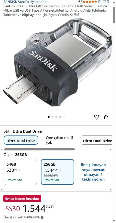 SanDisk 256GB Ultra Çift Sürücü m3.0 USB 3.0 Flash Sürücü, Tersinir Mikro USB ve USB Type-A Konnektörleri ile, Android Akıllı Telefonlar, Tabletler ve Bilgisayarlar için, Siyah-Gümüş-Şeffaf