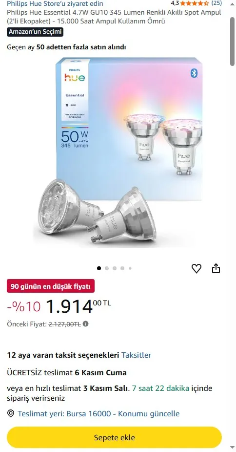 Philips Hue Essential 4.7W GU10 345 Lumen Renkli Akıllı Spot Ampul (2'li Ekopaket) - 15.000 Saat Ampul Kullanım Ömrü