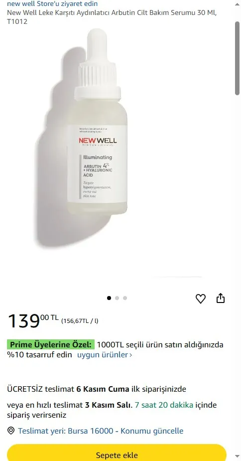 New Well Leke Karşıtı Aydınlatıcı Arbutin Cilt Bakım Serumu 30 Ml, T1012
