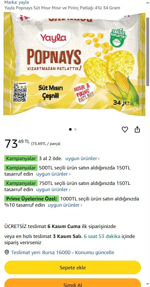 Yayla Popnays Süt Mısır Mısır ve Pirinç Patlağı 4'lü 34 Gram