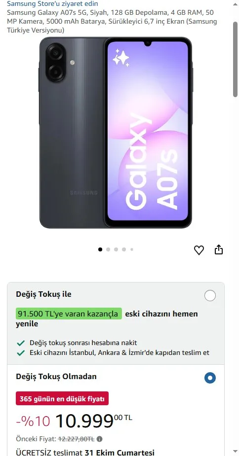 Samsung Galaxy A07s 5G, Siyah, 128 GB Depolama, 4 GB RAM, 50 MP Kamera, 5000 mAh Batarya, Sürükleyici 6,7 inç Ekran (Samsung Türkiye Versiyonu)