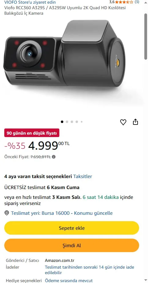 Viofo RCC360 A329S / A329SW Uyumlu 2K Quad HD Kızılötesi Balıkgözü İç Kamera