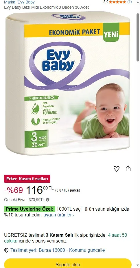 Evy Baby Bezi Midi Ekonomik 3 Beden 30 Adet