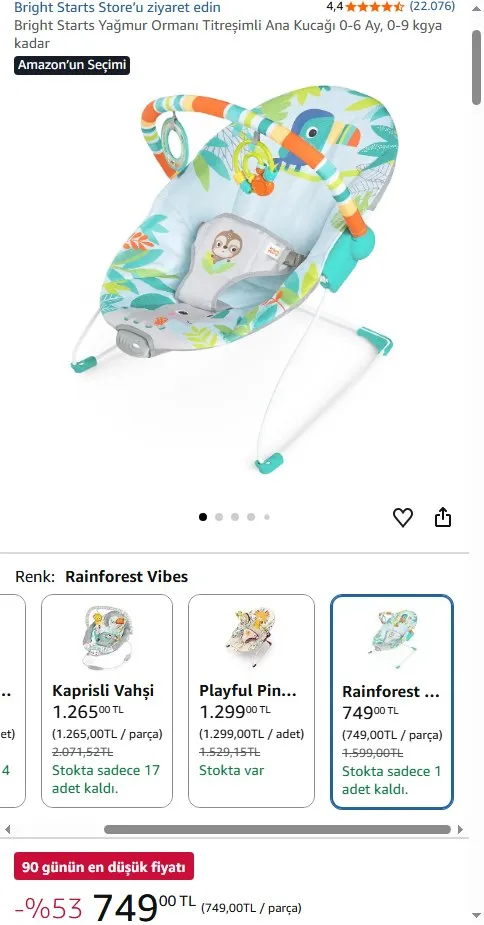 Bright Starts Yağmur Ormanı Titreşimli Ana Kucağı 0-6 Ay, 0-9 kgya kadar