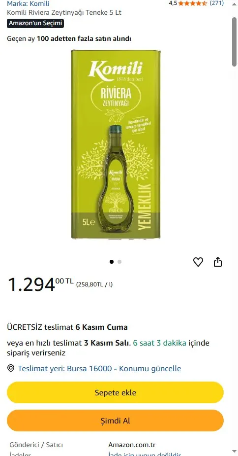 Komili Riviera Zeytinyağı Teneke 5 Lt