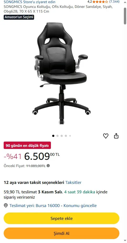 SONGMICS Oyuncu Koltuğu, Ofis Koltuğu, Döner Sandalye, Siyah, Obg62B, 70 X 65 X 115 Cm