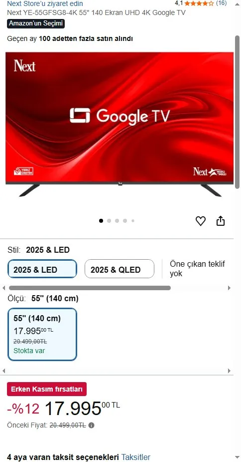 Next YE-55GFSG8-4K 55" 140 Ekran UHD 4K Google TV