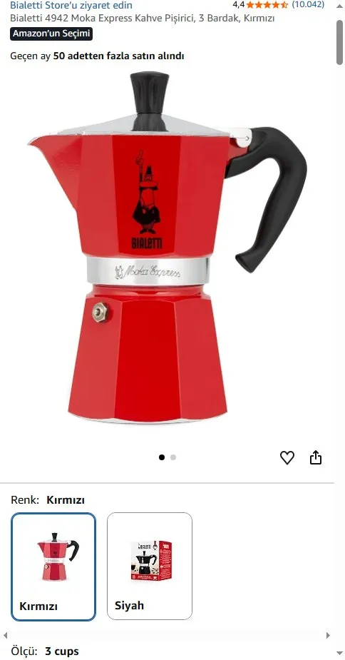 Bialetti 4942 Moka Express Kahve Pişirici, 3 Bardak, Kırmızı