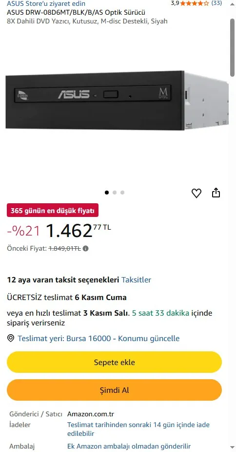 ASUS DRW-08D6MT/BLK/B/AS Optik Sürücü
